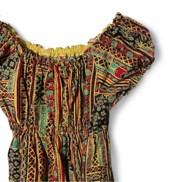 Vintage Boho Off Shoulder Maxi Dress Puff Sleeve Smocked Waist Tribal Print - Picture 2 of 3